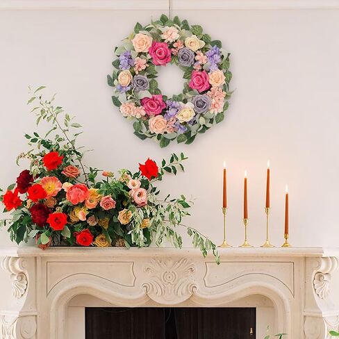 wwnira 22 بوصة إكليل الربيع والصيف للباب الأمامي، أرجواني ورمادي شامبانيا الورود مع الدالياس الوردي، الكوبية، الزهور البرية الأرجواني، أوراق الأوكالبتوس الأذن الخروف لشرفة الجدار نافذة ديكور المنزل in Kuwait