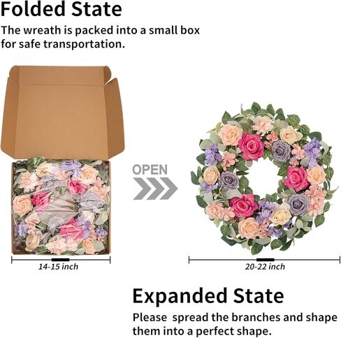 wwnira 22 بوصة إكليل الربيع والصيف للباب الأمامي، أرجواني ورمادي شامبانيا الورود مع الدالياس الوردي، الكوبية، الزهور البرية الأرجواني، أوراق الأوكالبتوس الأذن الخروف لشرفة الجدار نافذة ديكور المنزل in Kuwait