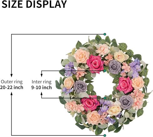 wwnira 22 بوصة إكليل الربيع والصيف للباب الأمامي، أرجواني ورمادي شامبانيا الورود مع الدالياس الوردي، الكوبية، الزهور البرية الأرجواني، أوراق الأوكالبتوس الأذن الخروف لشرفة الجدار نافذة ديكور المنزل in Kuwait