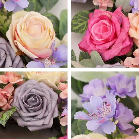 wwnira 22 بوصة إكليل الربيع والصيف للباب الأمامي، أرجواني ورمادي شامبانيا الورود مع الدالياس الوردي، الكوبية، الزهور البرية الأرجواني، أوراق الأوكالبتوس الأذن الخروف لشرفة الجدار نافذة ديكور المنزل in Kuwait