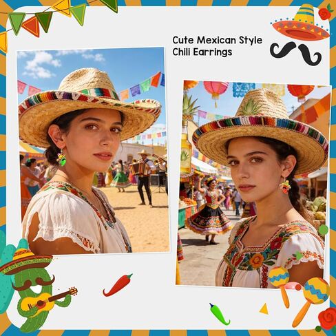 Cinco De Mayo Earrings for Women Sombrero Hat Chili Cactus Earrings Mexican Straw Hat Outfit Costume Jewelry in Kuwait