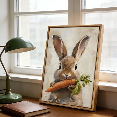 Framed Vintage Easter Bunny Wall Art Neutral Easter Rabbit Carrot Spring Picture Wall Decor Animal Cottagecore Poster Print for Nursery Kids Room Living Room Bedroom 12x16in in Saudi Arabia