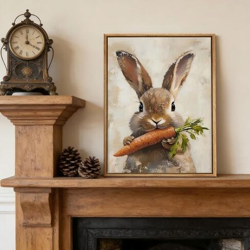 Framed Vintage Easter Bunny Wall Art Neutral Easter Rabbit Carrot Spring Picture Wall Decor Animal Cottagecore Poster Print for Nursery Kids Room Living Room Bedroom 12x16in in Saudi Arabia