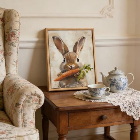 Framed Vintage Easter Bunny Wall Art Neutral Easter Rabbit Carrot Spring Picture Wall Decor Animal Cottagecore Poster Print for Nursery Kids Room Living Room Bedroom 12x16in in Saudi Arabia