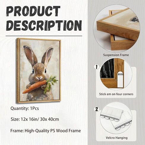 Framed Vintage Easter Bunny Wall Art Neutral Easter Rabbit Carrot Spring Picture Wall Decor Animal Cottagecore Poster Print for Nursery Kids Room Living Room Bedroom 12x16in in Saudi Arabia
