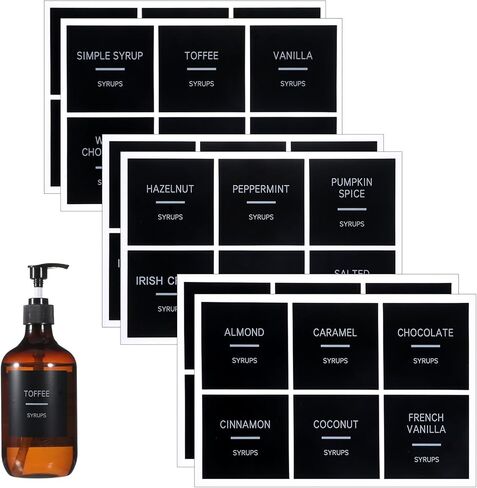 36 Pcs Coffee Syrup Labels, 2.5" x 2.5" Coffee Bar Organization Labels Black Waterproof PVC Stickers for Syrup Dispenser Drinking Glass Bottles in Kuwait