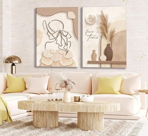 2pcs Neutral Abstract Canvas Wall Art Tan And Cream Beige Minimalist Wall Decor Pictures Modern Abstract Geometry Woman Posters Prints Paintings for Living Room Bedroom Bathroom Home Decorate in Saudi Arabia