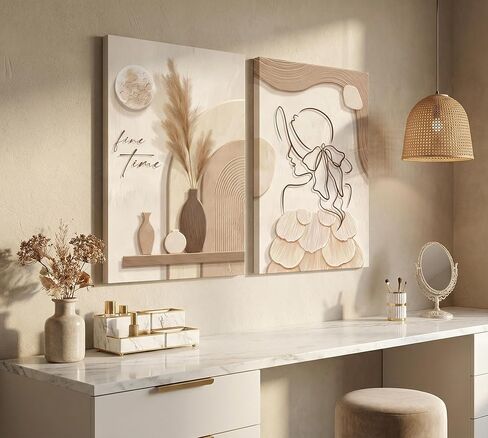 2pcs Neutral Abstract Canvas Wall Art Tan And Cream Beige Minimalist Wall Decor Pictures Modern Abstract Geometry Woman Posters Prints Paintings for Living Room Bedroom Bathroom Home Decorate in Saudi Arabia