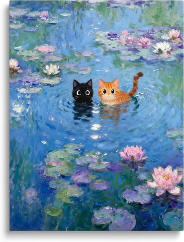 TimAsh Monet Water Lilies with Cat Wall Art, Framed Vintage Canvas Decor Playful Black Cat & Orange Cat Print for Living Room Bedroom Bathroom and Office 10L x 8W in Saudi Arabia
