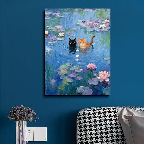 TimAsh Monet Water Lilies with Cat Wall Art, Framed Vintage Canvas Decor Playful Black Cat & Orange Cat Print for Living Room Bedroom Bathroom and Office 10L x 8W in Saudi Arabia