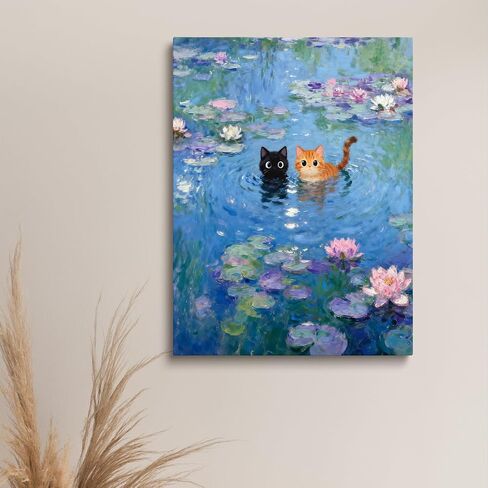 TimAsh Monet Water Lilies with Cat Wall Art, Framed Vintage Canvas Decor Playful Black Cat & Orange Cat Print for Living Room Bedroom Bathroom and Office 10L x 8W in Saudi Arabia