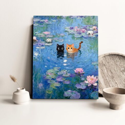TimAsh Monet Water Lilies with Cat Wall Art, Framed Vintage Canvas Decor Playful Black Cat & Orange Cat Print for Living Room Bedroom Bathroom and Office 10L x 8W in Saudi Arabia