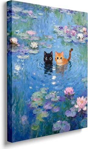 TimAsh Monet Water Lilies with Cat Wall Art, Framed Vintage Canvas Decor Playful Black Cat & Orange Cat Print for Living Room Bedroom Bathroom and Office 10L x 8W in Saudi Arabia