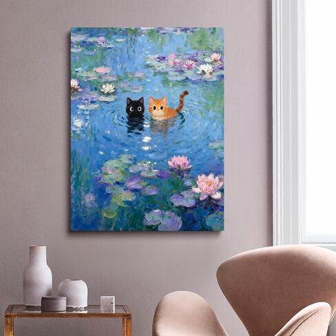 TimAsh Monet Water Lilies with Cat Wall Art, Framed Vintage Canvas Decor Playful Black Cat & Orange Cat Print for Living Room Bedroom Bathroom and Office 10L x 8W in Saudi Arabia