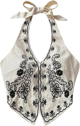 OYOANGLE Women's Floral Boho Summer Halter Crop Tops Embroidery Vacation Tank Top Tie Backless Vintage Going Out Tops in Kuwait