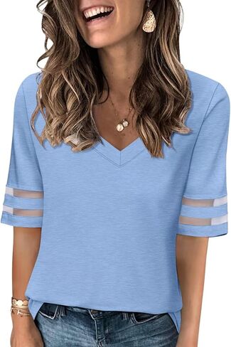 Women's V Neck T Shirts Mesh Panel Short Sleeve Tops Casual Summer Tees in Kuwait