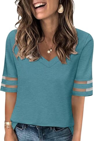 Women's V Neck T Shirts Mesh Panel Short Sleeve Tops Casual Summer Tees in Saudi Arabia