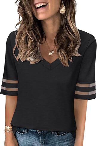 Women's V Neck T Shirts Mesh Panel Short Sleeve Tops Casual Summer Tees in Saudi Arabia