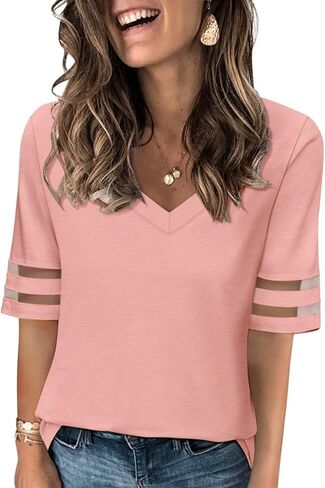 Women's V Neck T Shirts Mesh Panel Short Sleeve Tops Casual Summer Tees in Saudi Arabia