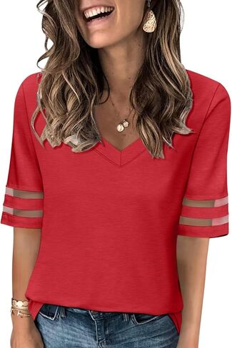 Women's V Neck T Shirts Mesh Panel Short Sleeve Tops Casual Summer Tees in Saudi Arabia