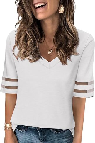 Women's V Neck T Shirts Mesh Panel Short Sleeve Tops Casual Summer Tees in Saudi Arabia