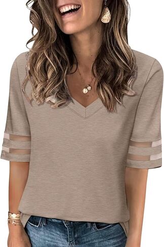 Women's V Neck T Shirts Mesh Panel Short Sleeve Tops Casual Summer Tees in Saudi Arabia