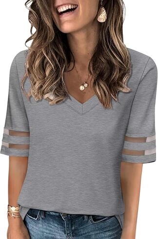 Women's V Neck T Shirts Mesh Panel Short Sleeve Tops Casual Summer Tees in Saudi Arabia