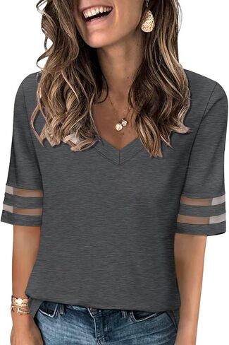Women's V Neck T Shirts Mesh Panel Short Sleeve Tops Casual Summer Tees in Saudi Arabia