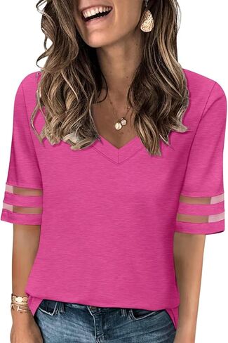 Women's V Neck T Shirts Mesh Panel Short Sleeve Tops Casual Summer Tees in Saudi Arabia