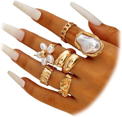Chunky Gold Irregular Rings Stack Set for Women Statement Baroque Pearl Flower Stackable Knuckle Finger Ring Non Tarnish Boho Hammered Jewelry Gifts in Kuwait
