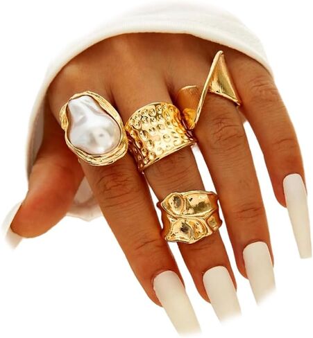 Chunky Gold Irregular Rings Stack Set for Women Statement Baroque Pearl Flower Stackable Knuckle Finger Ring Non Tarnish Boho Hammered Jewelry Gifts in Saudi Arabia