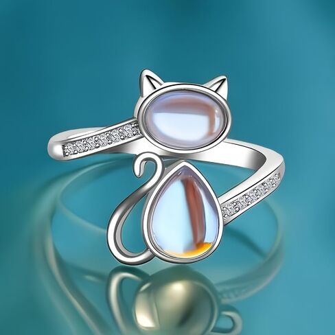 Creative Synthetic Moonstone Cute Cat Open Adjustable Ring for Women Daily Casual Party Unique Accessories in Saudi Arabia