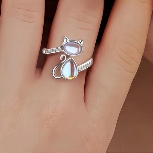 Creative Synthetic Moonstone Cute Cat Open Adjustable Ring for Women Daily Casual Party Unique Accessories in Saudi Arabia