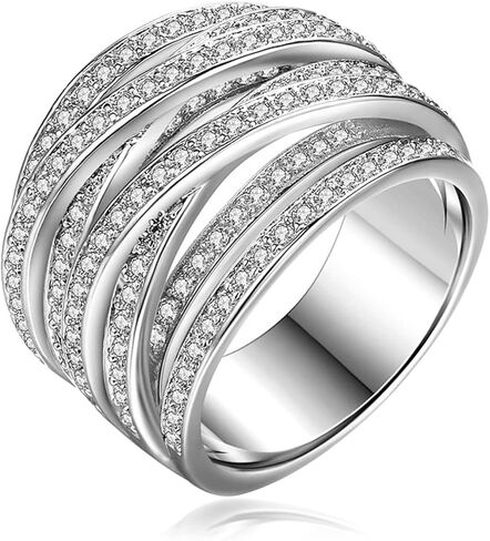 Sterling Silver Cubic Zirconia Ring, Multi Cross Lines Design, Chunky Full Finger Statement Ring for Women, S925 CZ Jewelry Gift in Saudi Arabia