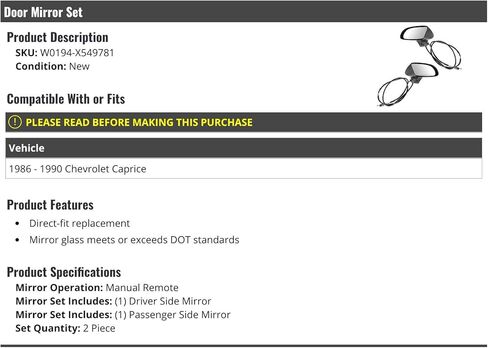 مرآة باب يدوية - مجموعة من 2 - متوافقة مع سيارة تشيفي كابريس 1986-1990 in Kuwait