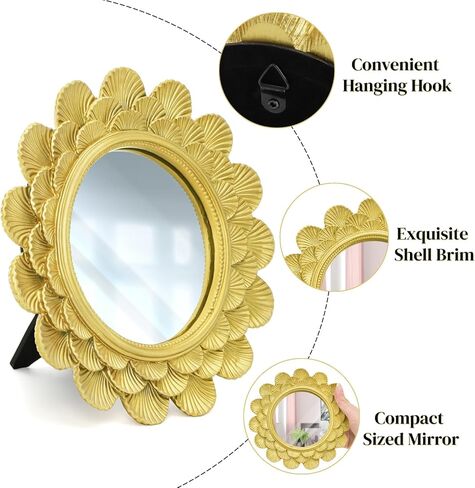 6.5" Vintage Vanity Makeup Desk Mirror, Small Gold Round Mirror for Table, Antique Scallop Edged Wall Mirror Decorative for Living Room Bedroom Dressing Tabletop in Saudi Arabia