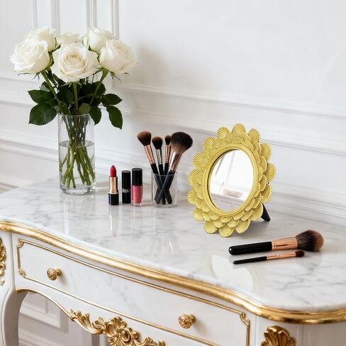 6.5" Vintage Vanity Makeup Desk Mirror, Small Gold Round Mirror for Table, Antique Scallop Edged Wall Mirror Decorative for Living Room Bedroom Dressing Tabletop in Saudi Arabia