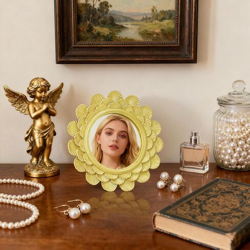 6.5" Vintage Vanity Makeup Desk Mirror, Small Gold Round Mirror for Table, Antique Scallop Edged Wall Mirror Decorative for Living Room Bedroom Dressing Tabletop in Saudi Arabia