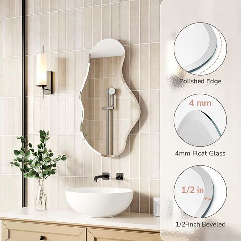 USHOWER Irregular Wall Mirror 20"x36", Frameless Wavy Mirror with Beveled & Polished Edge, Wall Mirrors Decorative for Bathroom, Bedroom, Living Room, Entryway, Cloakroom Renovation in Saudi Arabia