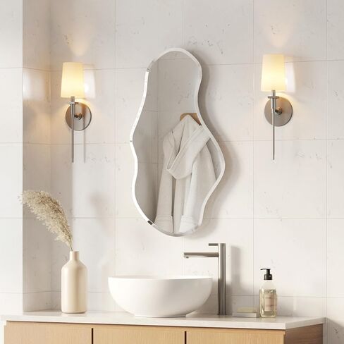 USHOWER Irregular Wall Mirror 20"x36", Frameless Wavy Mirror with Beveled & Polished Edge, Wall Mirrors Decorative for Bathroom, Bedroom, Living Room, Entryway, Cloakroom Renovation in Saudi Arabia