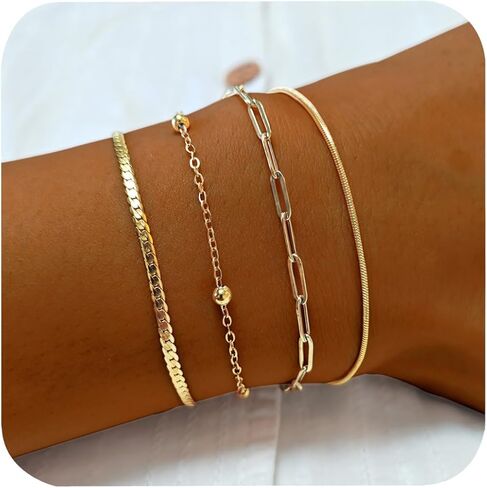 Gold Bracelets for Women, Waterproof 18K Gold Plated Stackable Jewelry Set, Trendy Dainty Adjustable Paperclip Chain Bracelet - Fashion Accessories Gifts for Women in Saudi Arabia