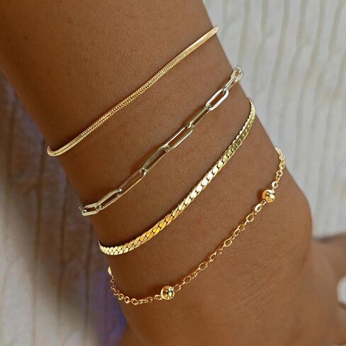 Gold Bracelets for Women, Waterproof 18K Gold Plated Stackable Jewelry Set, Trendy Dainty Adjustable Paperclip Chain Bracelet - Fashion Accessories Gifts for Women in Saudi Arabia