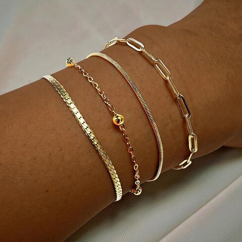 Gold Bracelets for Women, Waterproof 18K Gold Plated Stackable Jewelry Set, Trendy Dainty Adjustable Paperclip Chain Bracelet - Fashion Accessories Gifts for Women in Saudi Arabia