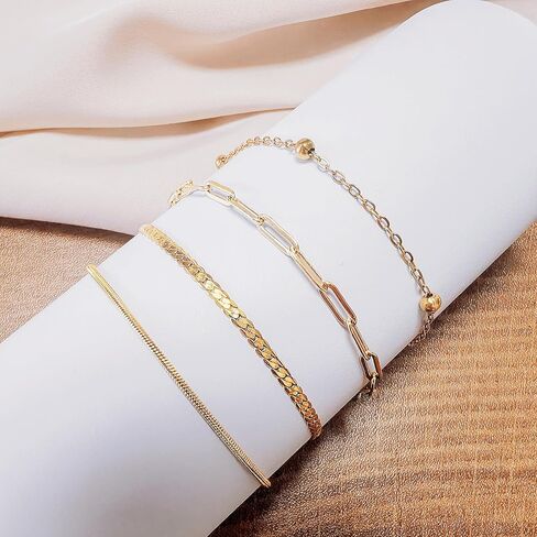 Gold Bracelets for Women, Waterproof 18K Gold Plated Stackable Jewelry Set, Trendy Dainty Adjustable Paperclip Chain Bracelet - Fashion Accessories Gifts for Women in Saudi Arabia