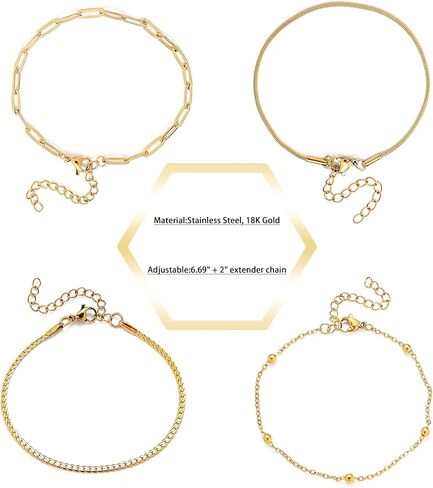Gold Bracelets for Women, Waterproof 18K Gold Plated Stackable Jewelry Set, Trendy Dainty Adjustable Paperclip Chain Bracelet - Fashion Accessories Gifts for Women in Saudi Arabia