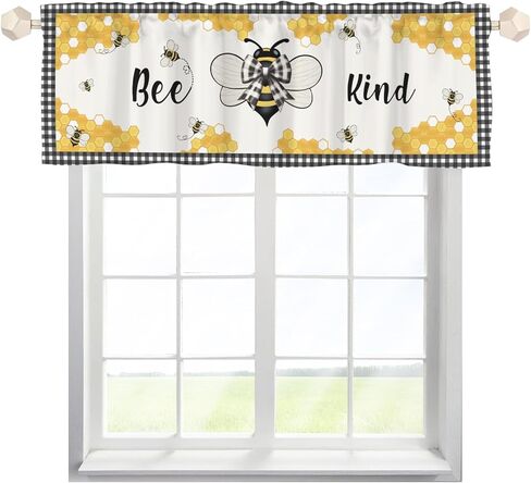 Bee Honeycomb Kitchen Window Valance Curtains Retro Bees Bows Black White Buffalo Plaid Window Treatments Spring Summer Farmhouse Short Curtain Valances for Bedroom Bathroom Rod Pocket 54"x18" 1 Pack in Saudi Arabia