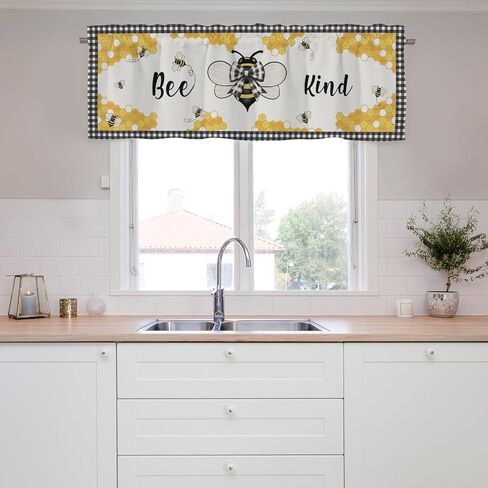 Bee Honeycomb Kitchen Window Valance Curtains Retro Bees Bows Black White Buffalo Plaid Window Treatments Spring Summer Farmhouse Short Curtain Valances for Bedroom Bathroom Rod Pocket 54"x18" 1 Pack in Saudi Arabia