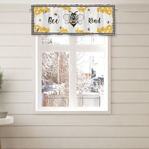 Bee Honeycomb Kitchen Window Valance Curtains Retro Bees Bows Black White Buffalo Plaid Window Treatments Spring Summer Farmhouse Short Curtain Valances for Bedroom Bathroom Rod Pocket 54"x18" 1 Pack in Saudi Arabia