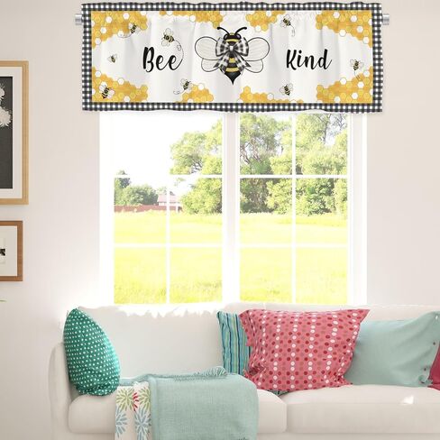 Bee Honeycomb Kitchen Window Valance Curtains Retro Bees Bows Black White Buffalo Plaid Window Treatments Spring Summer Farmhouse Short Curtain Valances for Bedroom Bathroom Rod Pocket 54"x18" 1 Pack in Saudi Arabia