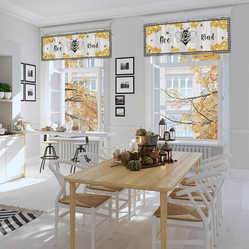 Bee Honeycomb Kitchen Window Valance Curtains Retro Bees Bows Black White Buffalo Plaid Window Treatments Spring Summer Farmhouse Short Curtain Valances for Bedroom Bathroom Rod Pocket 54"x18" 1 Pack in Saudi Arabia